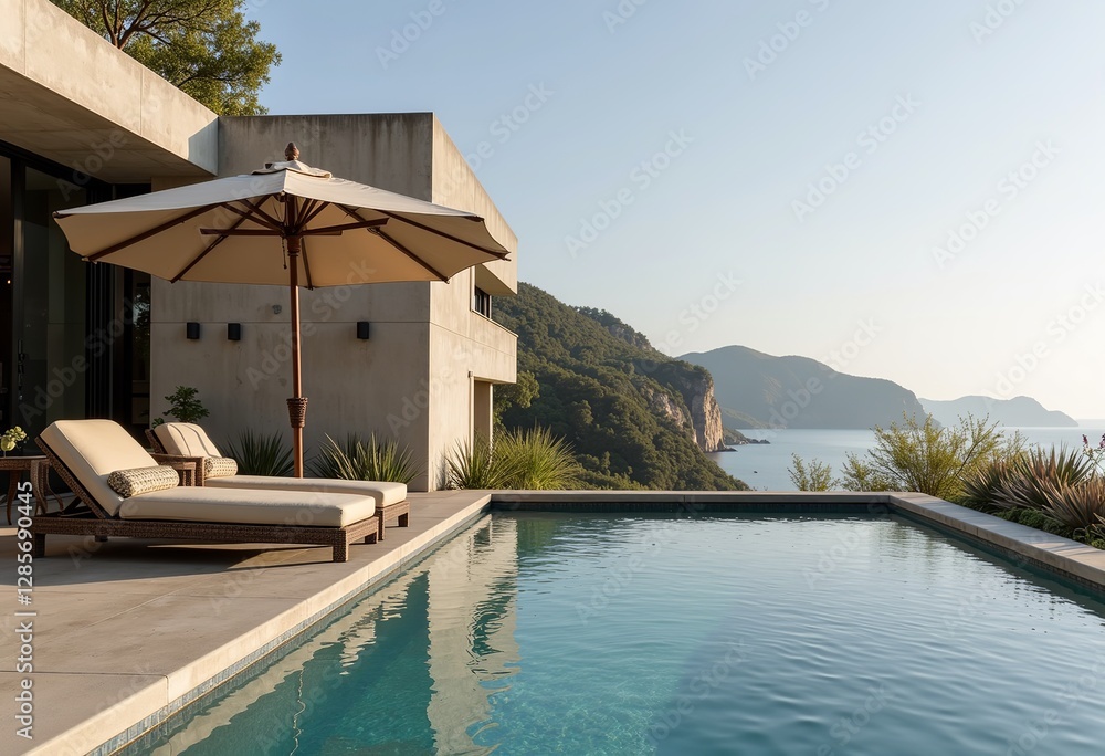Fototapeta premium Escape to serenity with this high-resolution architectural photograph featuring a pool on a cliff's edge, complemented by a vintage Italian umbrella, a wrought iron daybed, and a brutalist concrete ho
