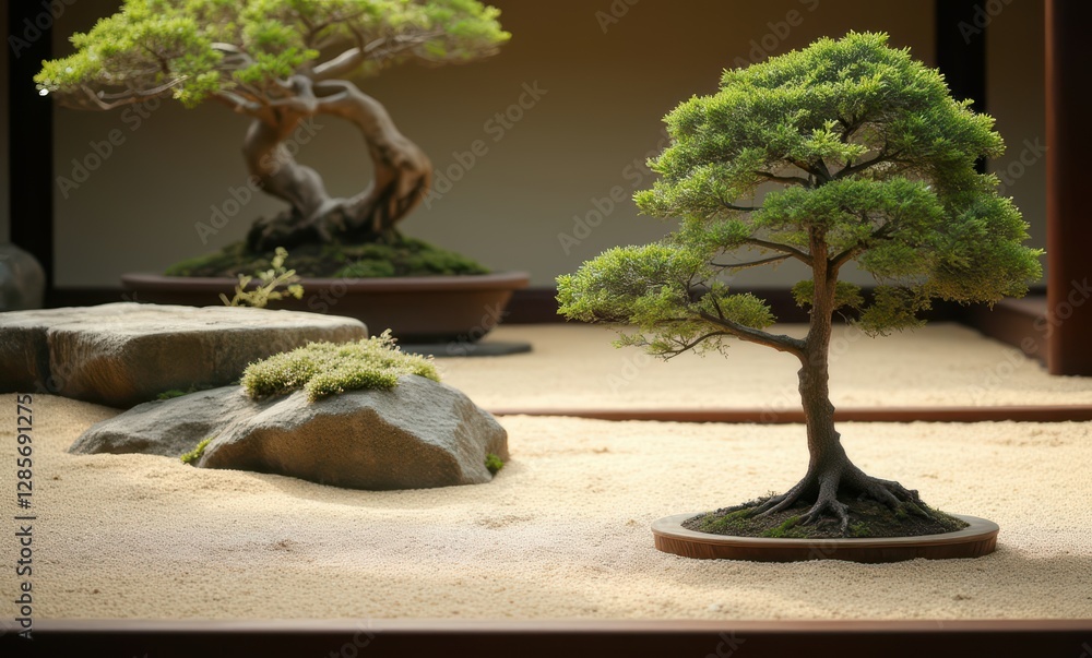 Serene bonsai trees in tranquil setting Serene bonsai trees in tranquil setting