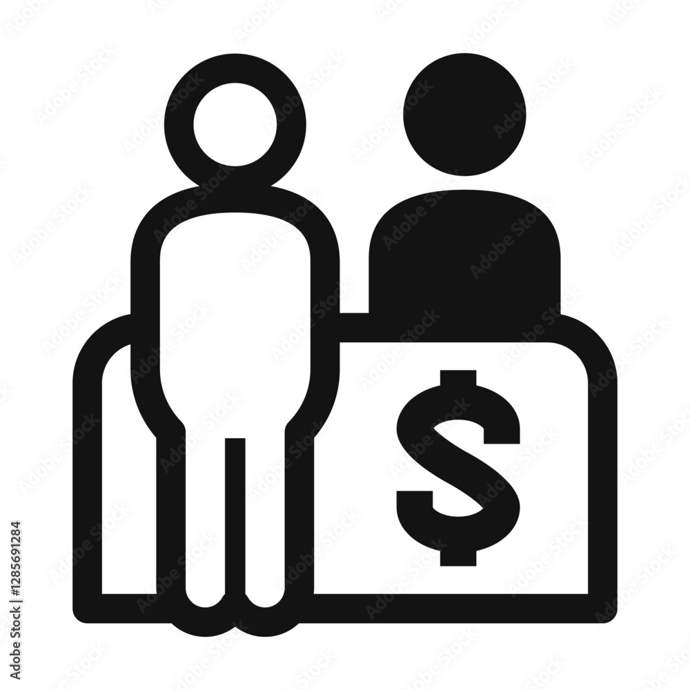 icon of a customer at a payment or service counter with a dollar sign. icon of a customer at a payment or service counter with a dollar sign.