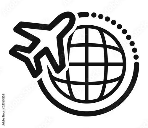 icon of an airplane flying around a globe, symbolizing global air cargo or travel.