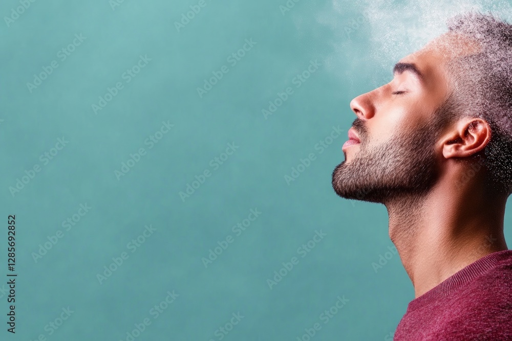 Handsome Man Refreshing Face with Water Spray Relaxed Profile Peaceful Feeling Teal Background Handsome Man Refreshing Face with Water Spray Relaxed Profile Peaceful Feeling Teal Background