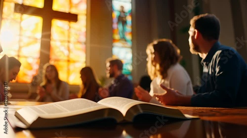 A Serene Church Interior with Group Prayer and Shared Faith