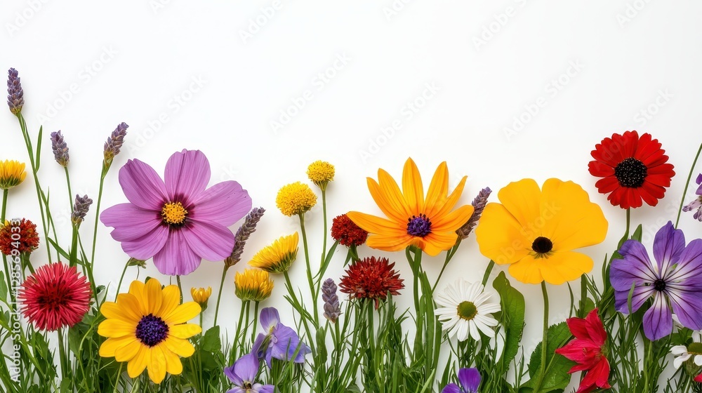 Obraz premium Colorful Wildflowers Against a Soft White Background in Spring