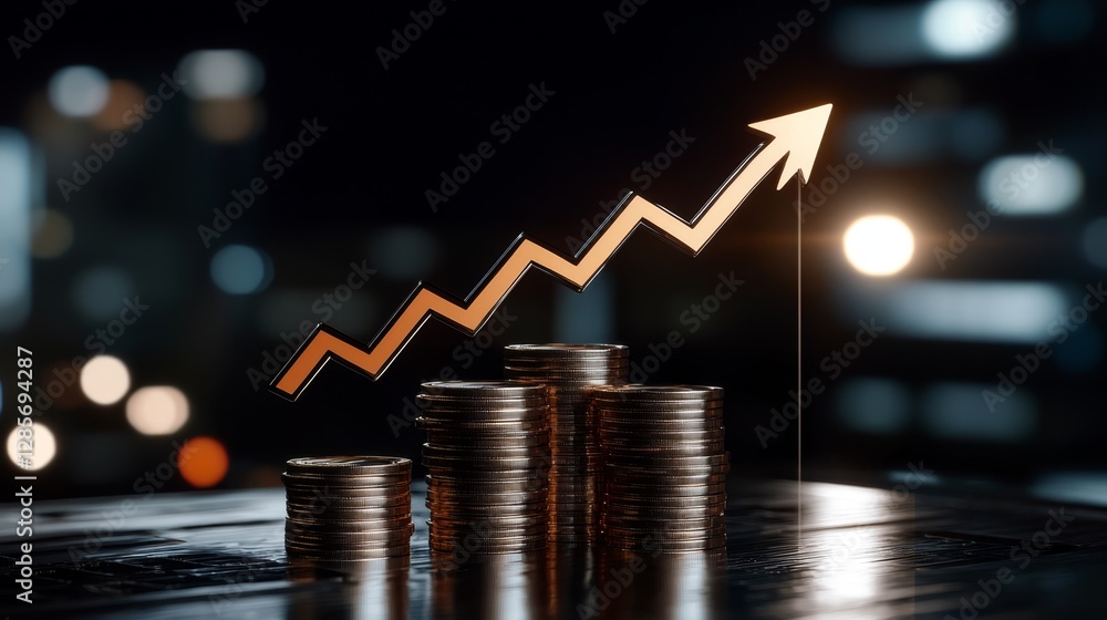 A stack of coins with an upward arrow going up on top of them