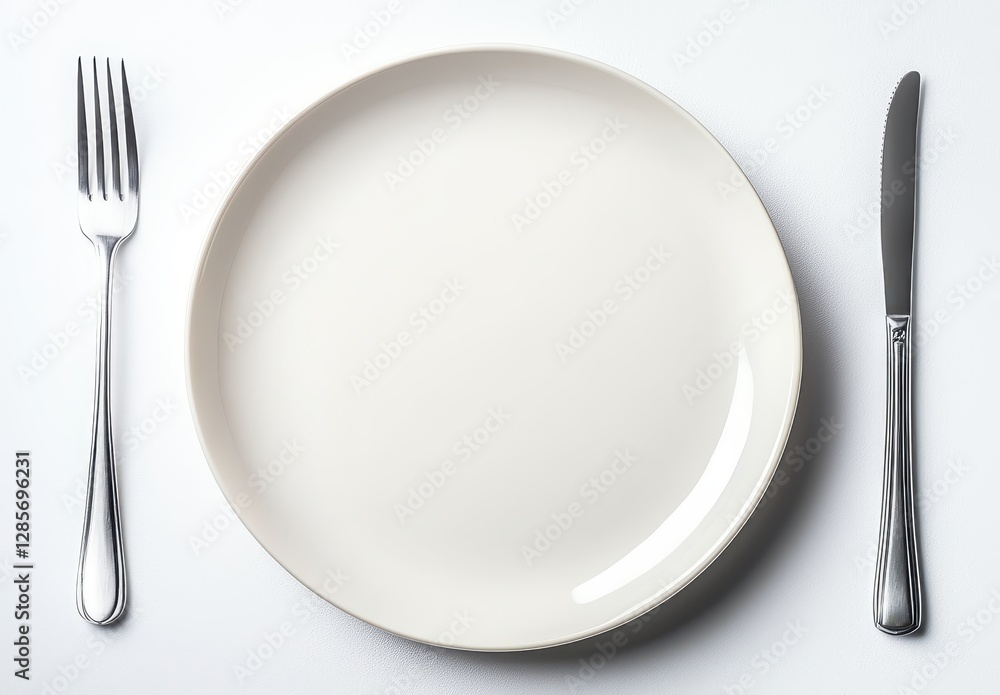 Empty White Plate Surrounded by Fork and Knife on Clean Table Empty White Plate Surrounded by Fork and Knife on Clean Table