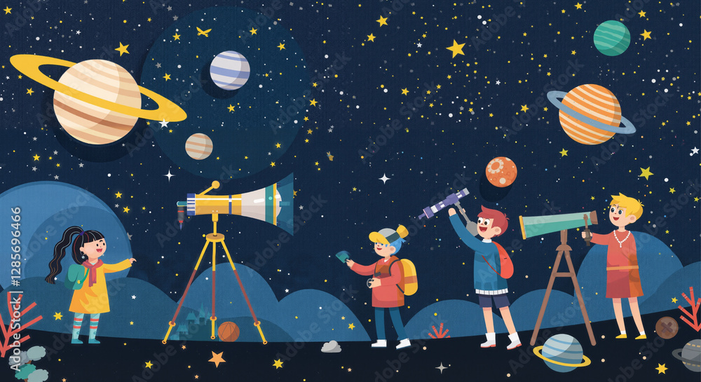 Naklejka premium Kids Exploring the Cosmos A Night of Stargazing and Planetary Wonders