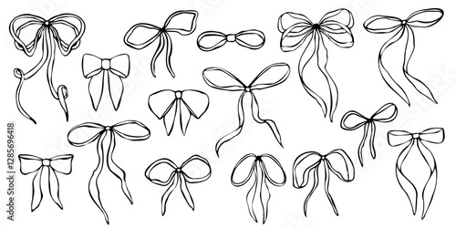 Hand drawn vector bows set with various shapes and ribbon styles. Minimalist black linear trendy sketch style illustration for fashion design, packaging, digital prints, invitation, scrapbooking, logo