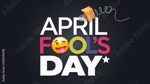 Colorful April Fool’s Day typography design with playful emojis, a spring-loaded prank element, and a dark background, symbolizing fun, humor, jokes, and mischief associated with this lighthearted cel photo