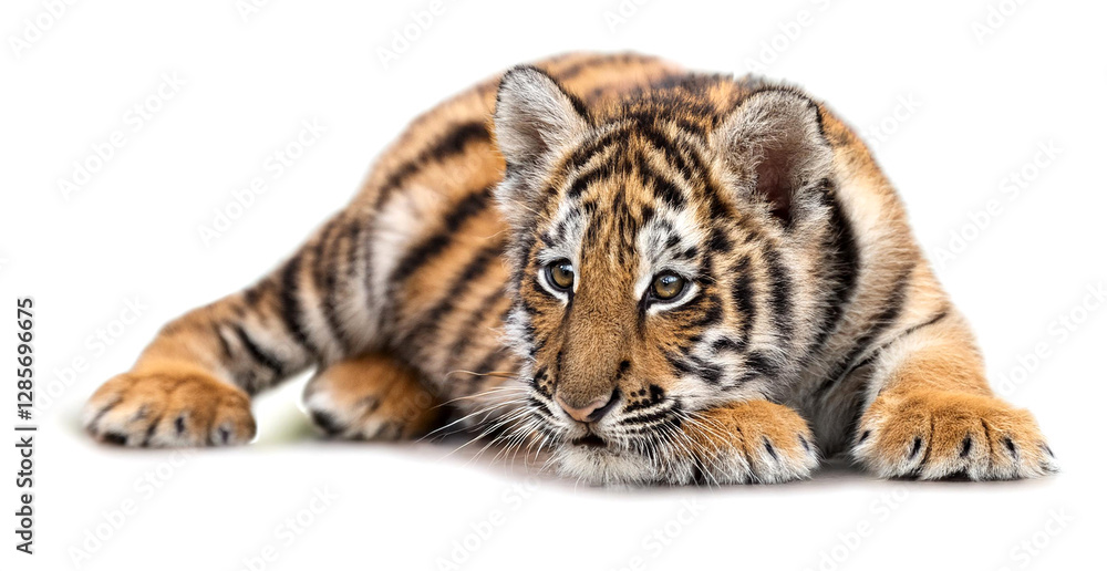 Fototapeta premium 寝転がっている赤ちゃんのトラ。白背景。（baby tiger lying down on white background） 