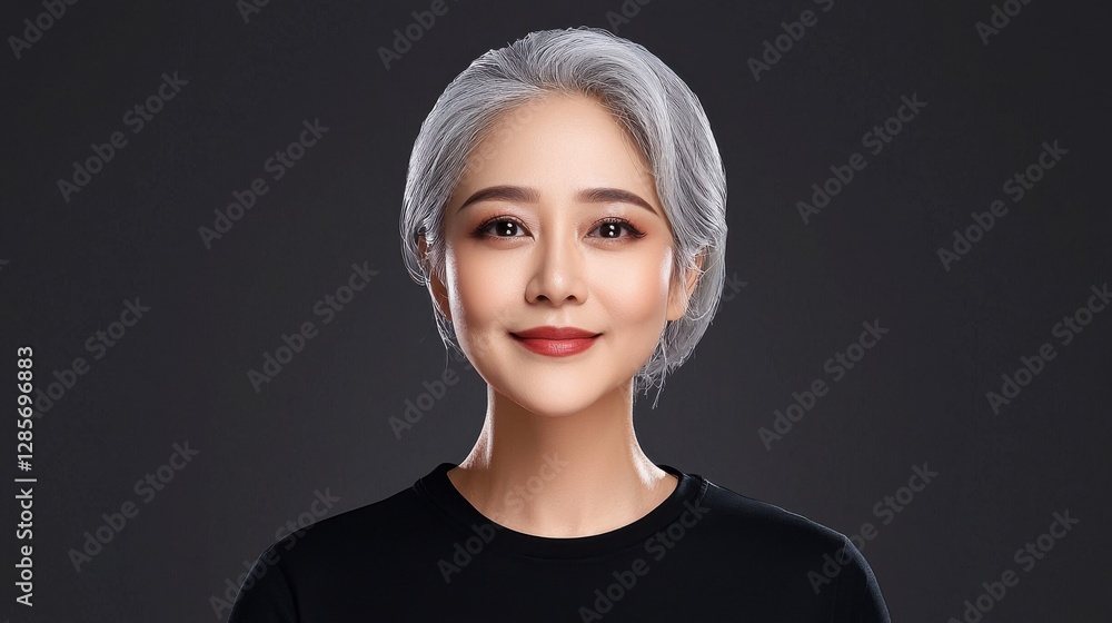 Confident and Elegant Mature Woman with Gray Hair Smiling Gracefully in Studio Portrait Confident and Elegant Mature Woman with Gray Hair Smiling Gracefully in Studio Portrait