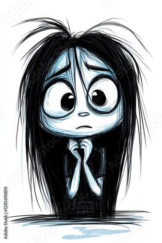 A drawing of a girl with long black hair and big eyes
