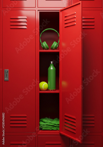 Red Locker with Sports Equipment