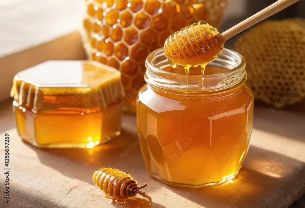 Honey jars and honey dipper with fresh honeycomb on wooden surface. Honey jars and honey dipper with fresh honeycomb on wooden surface.