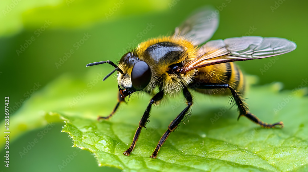 Close-up of bee on leaf showing detailed features and natural setting : Generative AI Close-up of bee on leaf showing detailed features and natural setting : Generative AI