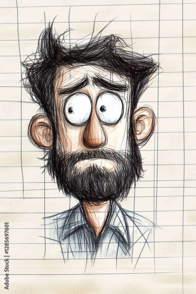 A drawing of a man with a beard and a surprised look on his face