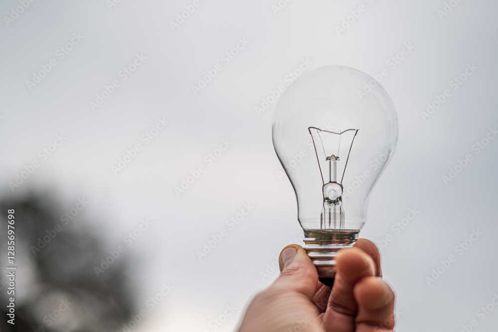 Hand holding a light bulb against a blurred natural background, representing renewable energy, environmental conservation, and sustainable practices for a greener future Hand holding a light bulb against a blurred natural background, representing renewable energy, environmental conservation, and sustainable practices for a greener future
