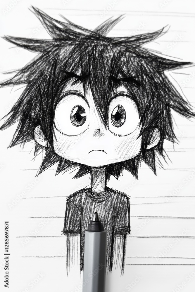 A drawing of a boy with a sad expression on his face