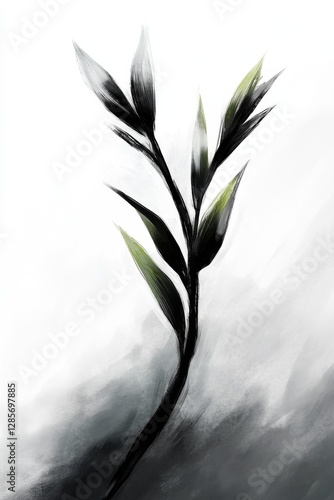 A black and white painting of a plant with green leaves