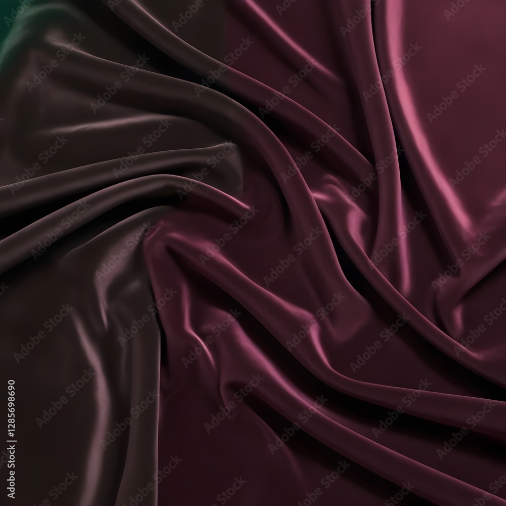 Fototapeta premium Rich, deep burgundy fabric flows in soft folds, creating an elegant and luxurious appearance. The satin material reflects light, highlighting its smooth texture and deep color.