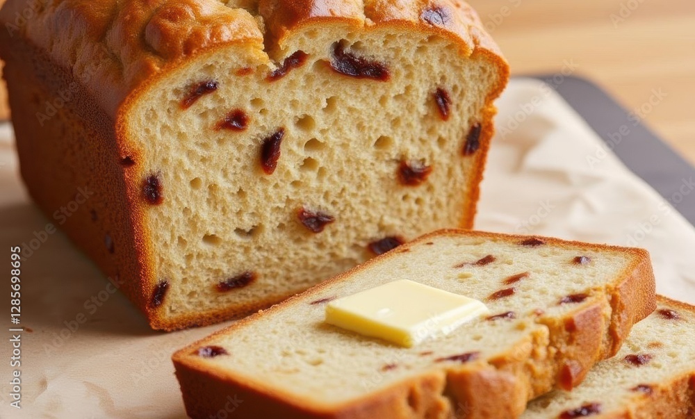 Fresh loaf with butter on slice Fresh loaf with butter on slice