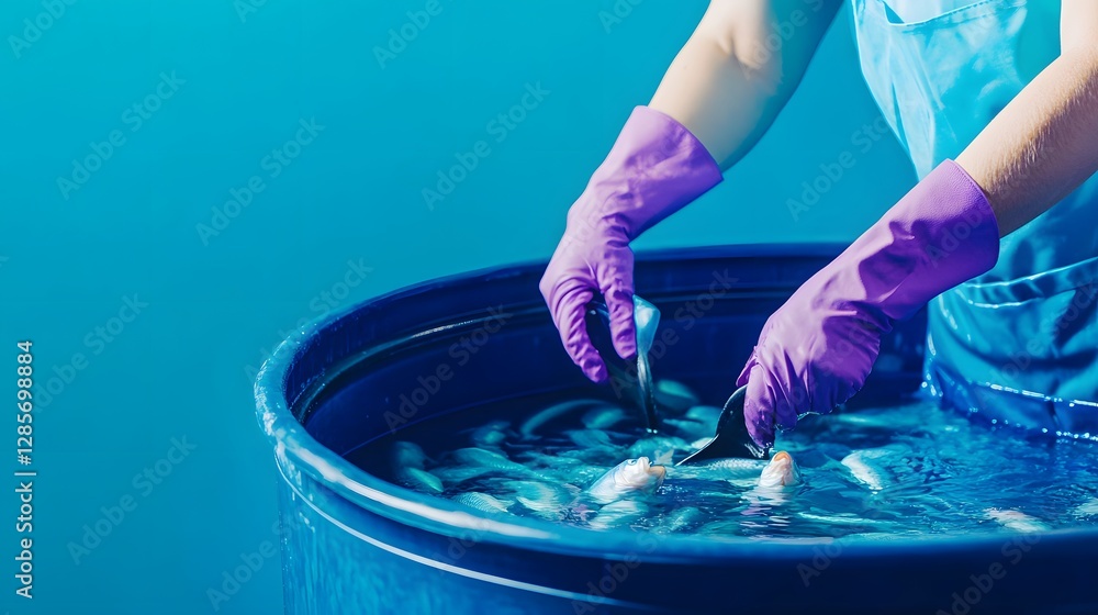 Obraz premium Cleaning Fish in Blue Water with Gloves and Tools for Seafood Preparation