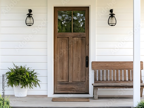 Inviting Home Entrance with Wooden Door, Porch, and Natural Accents