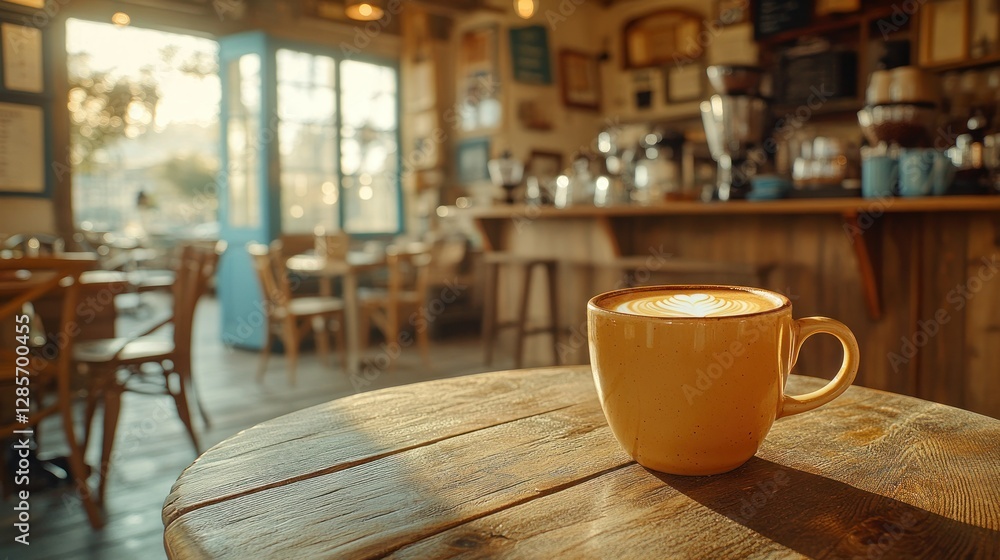 Sunny latte in a cafe with outdoor view Sunny latte in a cafe with outdoor view