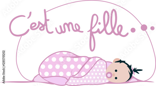 Annonce naissance "c'est une fille" avec bébé à la peau claire emmailloté dans un drap rose