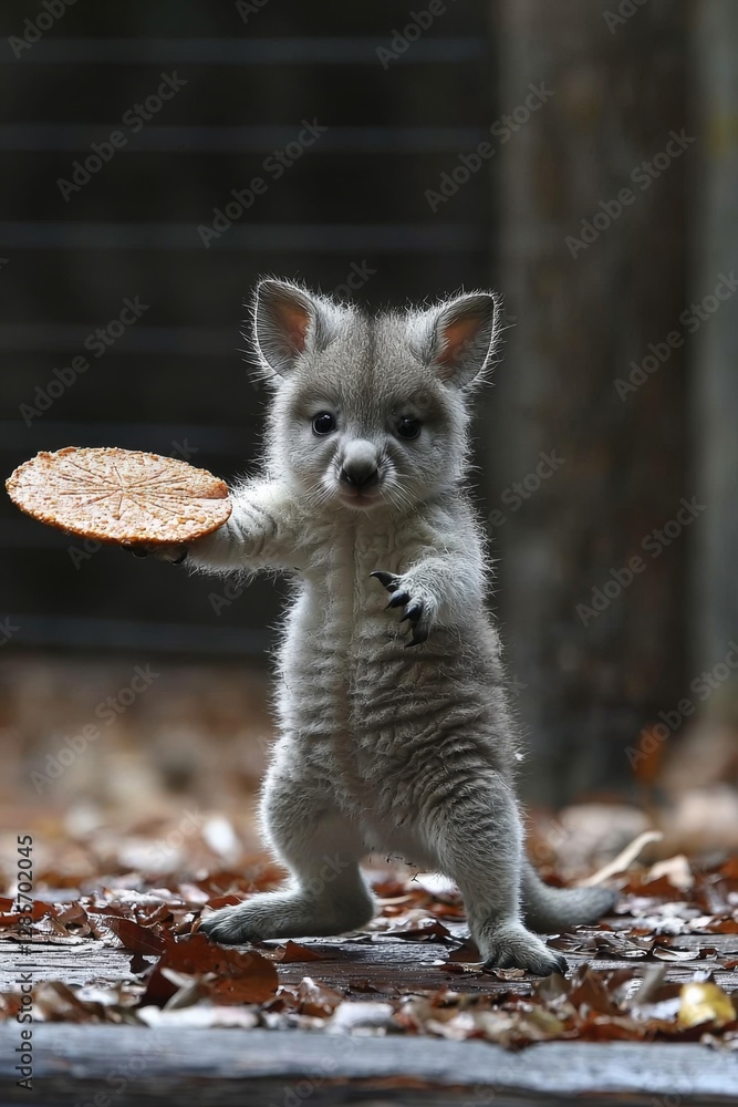 Fototapeta premium A baby kangaroo holding a piece of bread in its paws