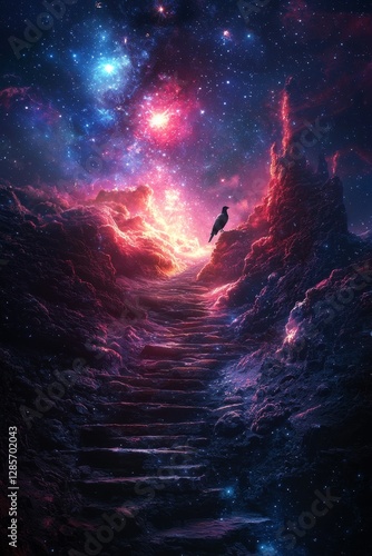 Wallpaper Mural A bird sitting on top of a stairway in the middle of a nebula Torontodigital.ca