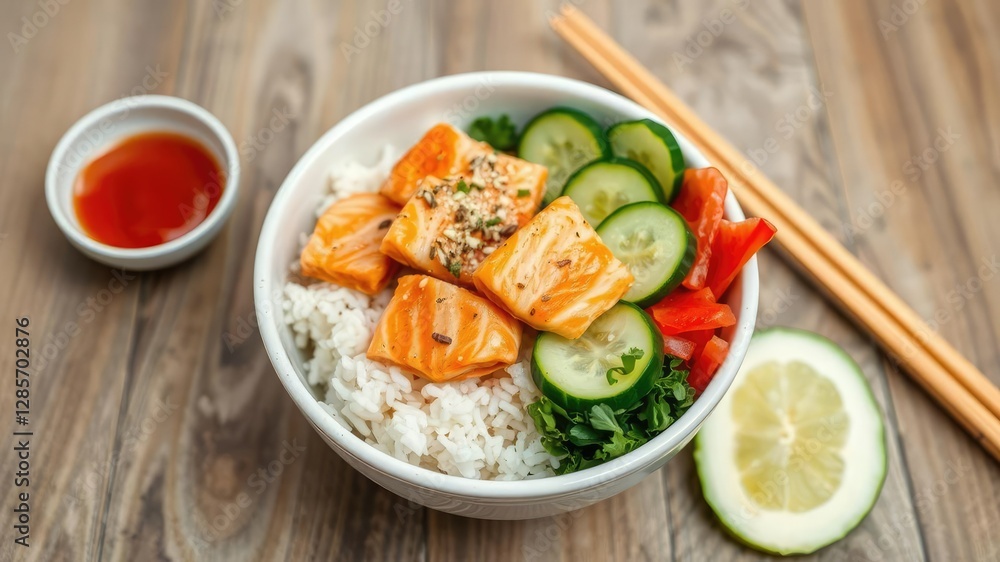 Fresh and colorful poke salad bowl with marinated salmon, rice, and cucumbers, poke bowl, food photography Fresh and colorful poke salad bowl with marinated salmon, rice, and cucumbers, poke bowl, food photography