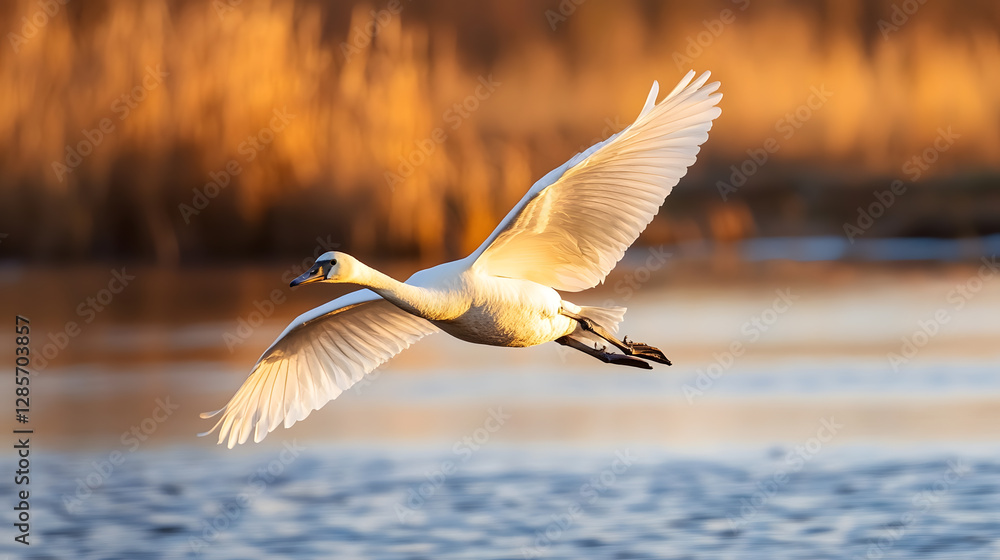 Graceful Swan Flight Over Golden Lake at Sunset in Natural Setting : Generative AI Graceful Swan Flight Over Golden Lake at Sunset in Natural Setting : Generative AI