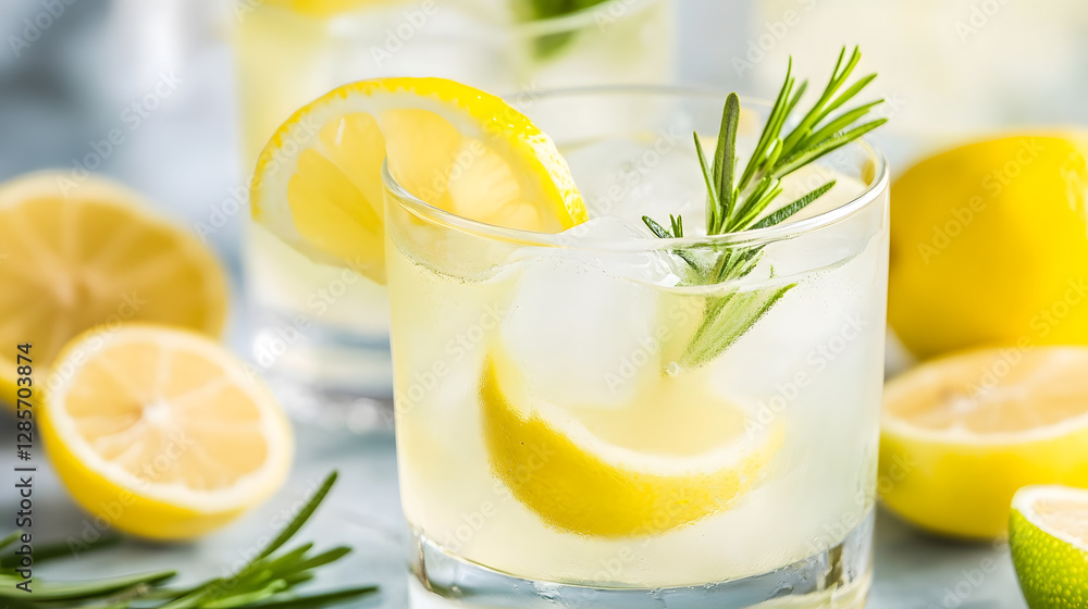 Refreshing Lemonade with Fresh Lemon Slices and Rosemary in Glass : Generative AI Refreshing Lemonade with Fresh Lemon Slices and Rosemary in Glass : Generative AI