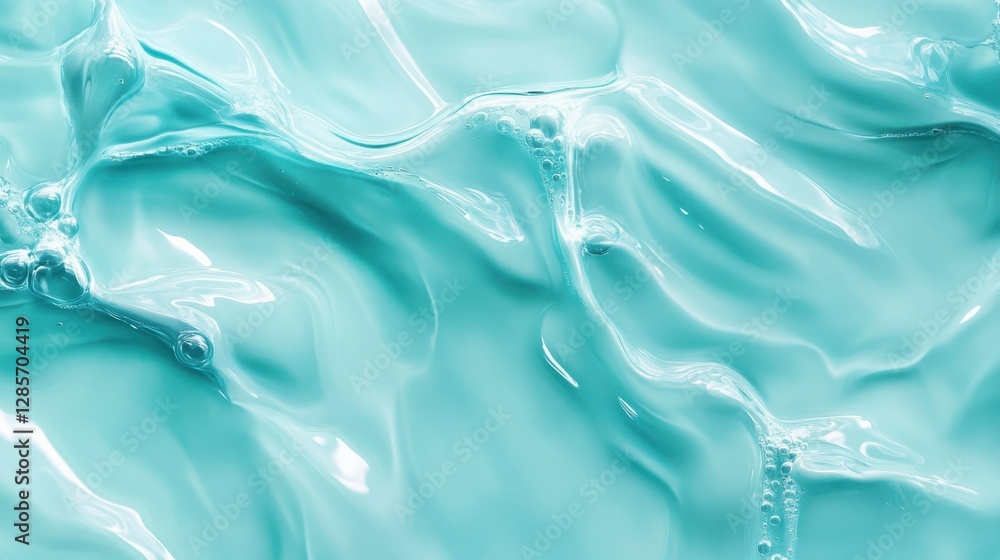 Obraz premium Transparent blue clear water surface texture with ripples, splashes and bubbles. Abstract summer banner background Water waves in sunlight with copy space Cosmetic moisturizer micellar toner emulsion
