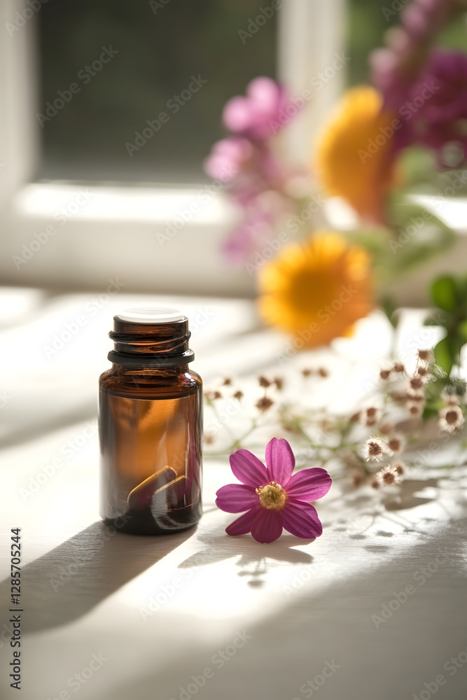 Serene Aromatherapy Scene with Essential Oil Bottle and Natural Flowers in Daylight : Generative AI Serene Aromatherapy Scene with Essential Oil Bottle and Natural Flowers in Daylight : Generative AI