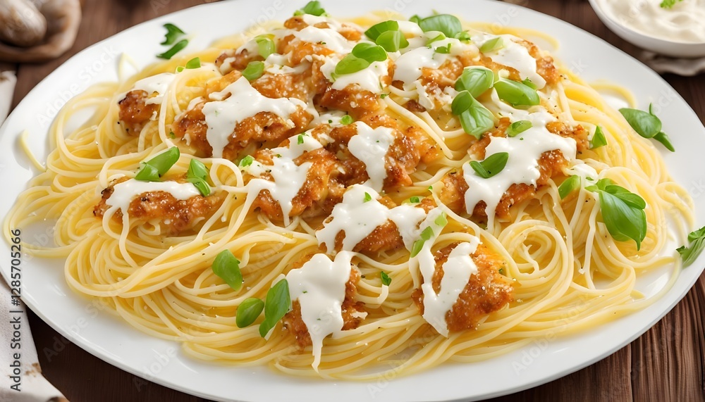 spaghetti pasta with lemon cream top with crispy chicken and cheese spaghetti pasta with lemon cream top with crispy chicken and cheese