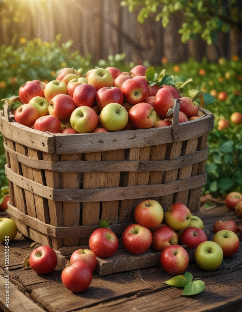 Freshly harvested apples piled high in a rustic wooden basket , farm life, farmhouse Freshly harvested apples piled high in a rustic wooden basket , farm life, farmhouse