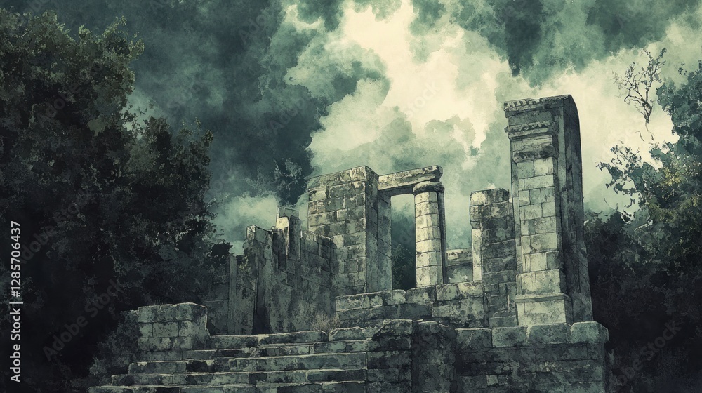 Fototapeta premium Ancient Ruins Under a Stormy Sky: A Watercolor Painting of Mysterious Stone Structures