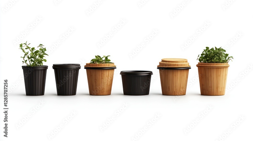 Sustainable coffee cups with plants, side-by-side, white background Sustainable coffee cups with plants, side-by-side, white background