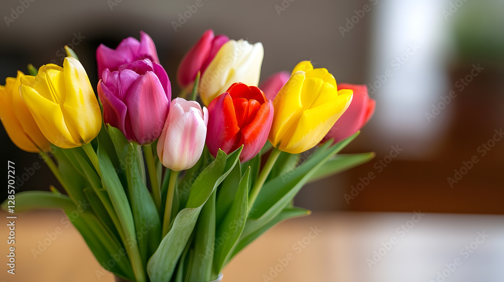 Vibrant Multicolored Tulip Bouquet in Soft Natural Lighting on Wooden Table : Generative AI Vibrant Multicolored Tulip Bouquet in Soft Natural Lighting on Wooden Table : Generative AI