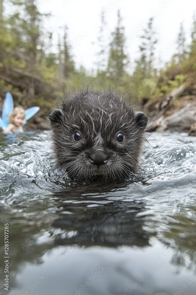 A baby otter swimming in the water with a fairy in the background