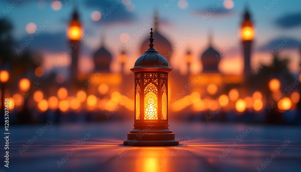 Ornate Lantern Illuminates Twilight Mosque Scene Ornate Lantern Illuminates Twilight Mosque Scene