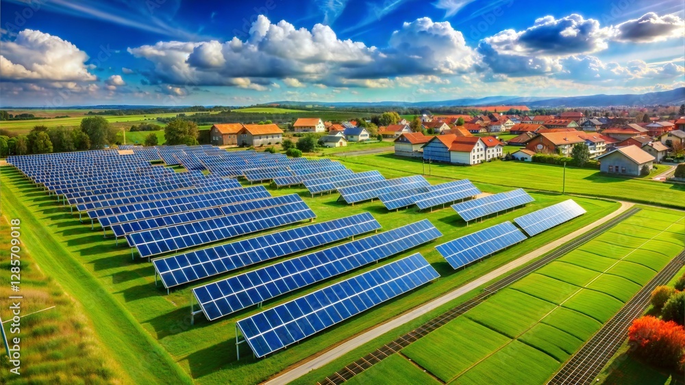 Fototapeta premium Expansive Solar Farm near Village Under a Sunny Sky