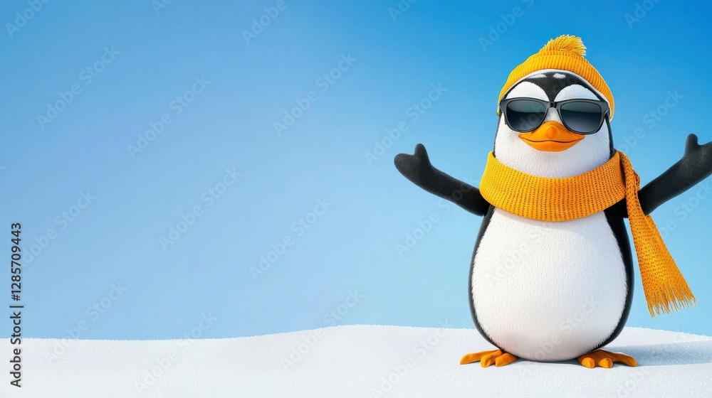 Obraz premium Cheerful Penguin in Winter Outfit with Sunglasses on Snowy Landscape
