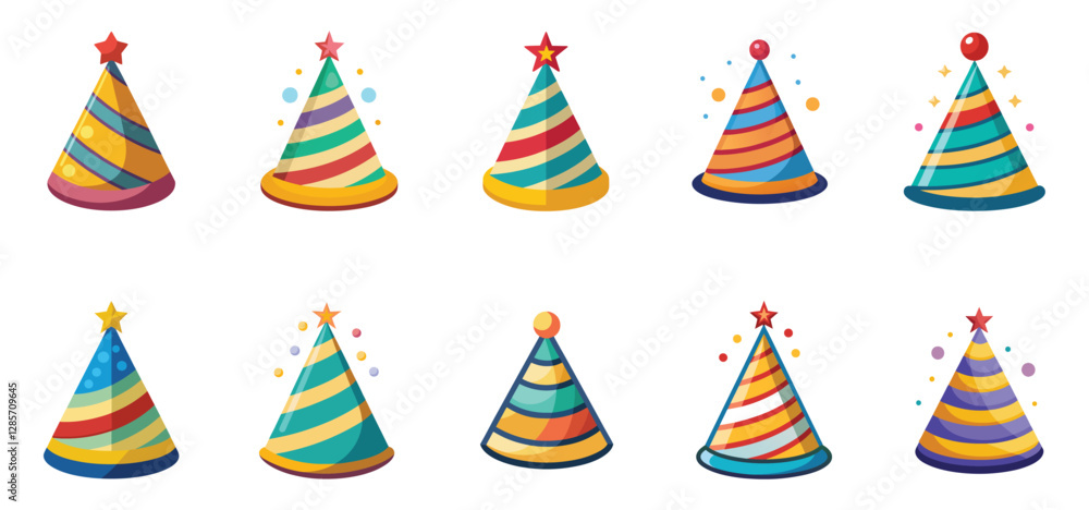 Fototapeta premium Birthday party hats set isolated on white background. Vector party cone hats with cute decoration.