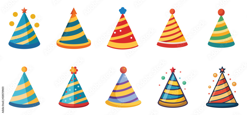 Fototapeta premium Birthday party hats set isolated on white background. Vector party cone hats with cute decoration.