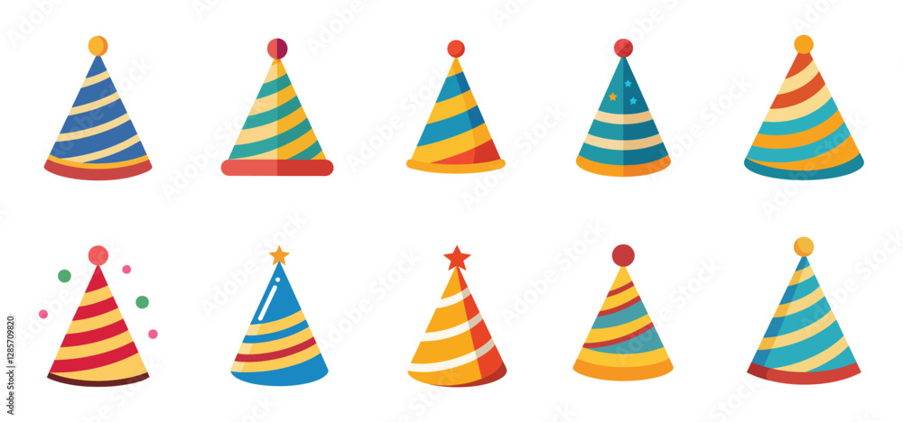 Obraz premium Birthday party hats set isolated on white background. Vector party cone hats with cute decoration.