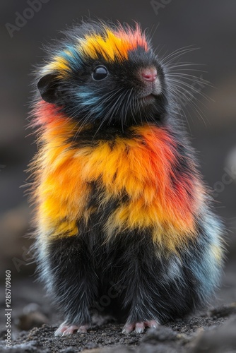 A small animal with bright colored fur standing on the ground