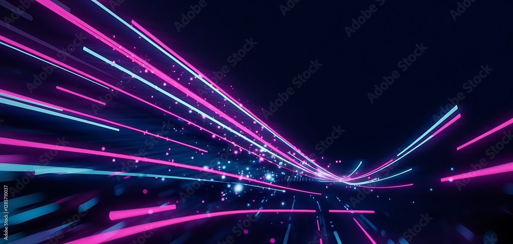 Dynamic Neon Light Trails with Glowing Particles on Dark Background Dynamic Neon Light Trails with Glowing Particles on Dark Background
