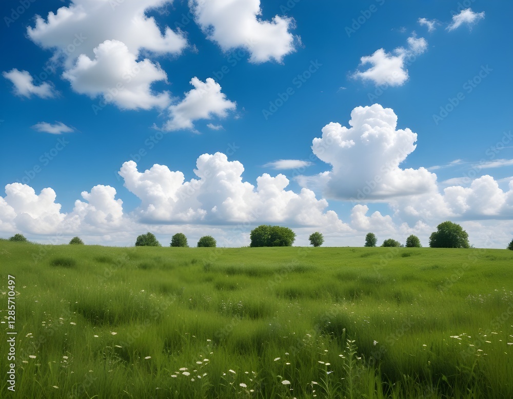 Lush meadow with blue sky and white clouds Lush meadow with blue sky and white clouds